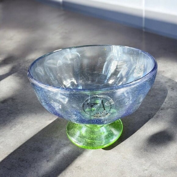 Amici Art Glass Footed Compote Large Drinking Cup Bowl Blue And Green Bottom - Picture 2 of 9